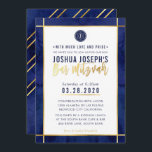 Convites BAR MONOGRAMA MITZVAH azul escuro ouro aquarela<br><div class="desc">pelo kat massard >> kat@simplysweetPAPERIE.com <<< design de convite de tendência para o BAR do seu filho MITZVAH Setup como modelo, é simples você adicionar seus próprios detalhes ou clicar no botão personalizar e você pode adicionar ou alterar texto, fontes, tamanhos etc. DICA: 1. Para alterar/mover gráficos / alterar a...</div>