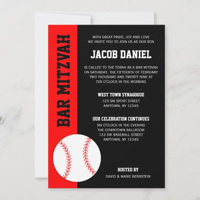 Convites Bar Negro Vermelho de Baseball Mitzvah (Frente)