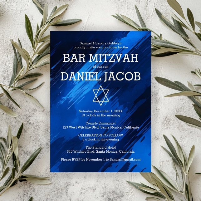 Convites Bar Personalizado da Estrela de Brushstrokes Azul  (Blue Brushstrokes Star Custom BAR BAT MITZVAH Invitation
)
