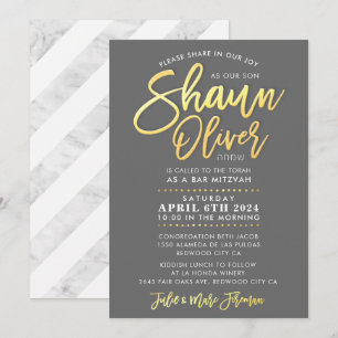 Convites BAR PERSONALIZADO Mitzvah gold script name SHAUN