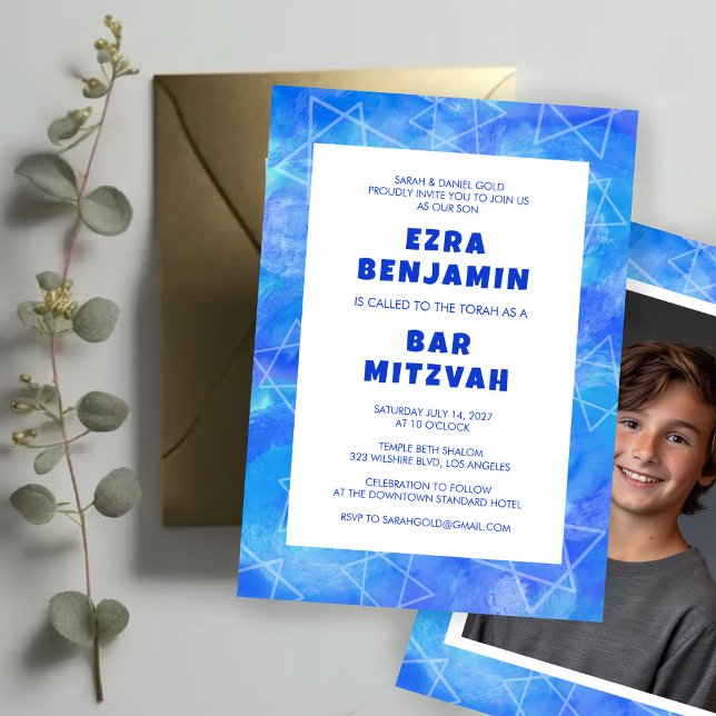 Convites Bar PHOTO Personalizado da Estrela de Rolagem em Á (Watercolor Swirl Star Custom PHOTO Bar Bat Mitzvah Invitation
)