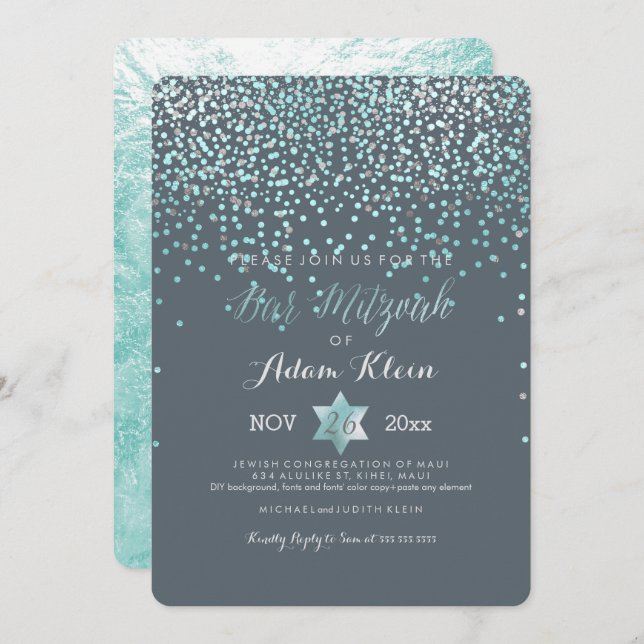 Convites Bar PixDezines Mitzvah/Blue Confetti (Frente/Verso)