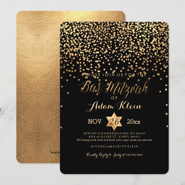 Convites Bar PixDezines Mitzvah/Faux Dourado Confetti (Frente/Verso)