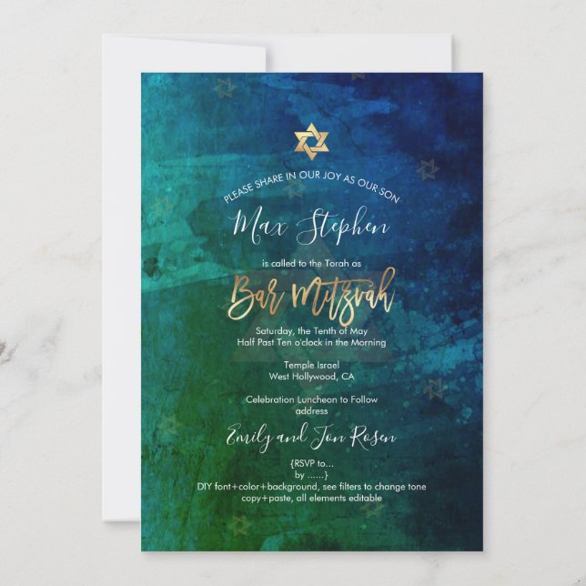 Convites Bar PixDezines Mitzvah Marinho+Emerald Watercolor (Verso)