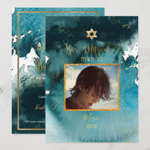 Convites Bar PixDezines Mitzvah PhotoTeal Green Watercolor