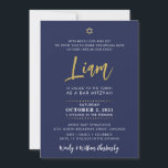 Convites BAR SCRIPT MITZVAH inscrição marinho ouro azul<br><div class="desc">por kat massard >> WWW.SIMPLYSWEETPAPERIE.COM << Um design elegante e simples para o BAT do seu filho ou BAR MITZVAH Love the design, mas gostaria de ver algumas mudanças - outro esquema de cores, produto, adicionar uma foto ou adaptado para uma ocasião diferente - não se preocupe, basta entrar em...</div>