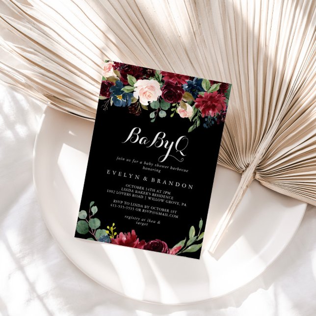 Convites Barbecue Chá de fraldas Rustic Black Botanical Bab (Criador carregado)