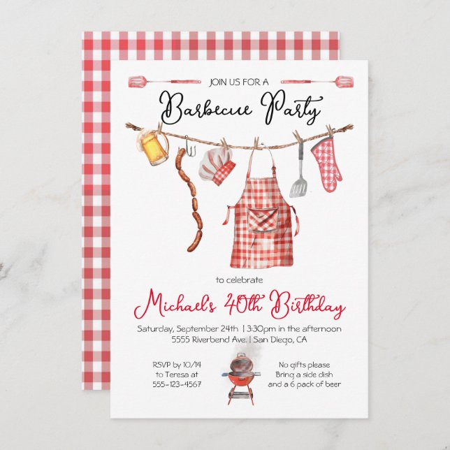 Convites Barbecue CHURRASCO Birthday red Gingham (Frente/Verso)