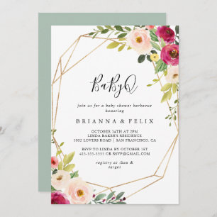 Convites Barbecue do Chá de fraldas Dourado Geométrico Verd