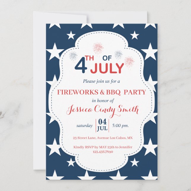 Convites Barbecue moderno de 4 de julho de Fireworks Stars (Frente)