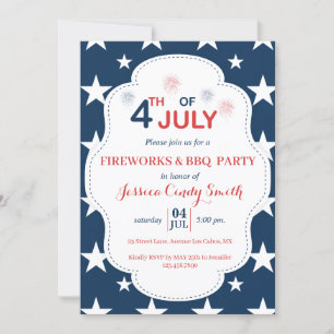 Convites Barbecue moderno de 4 de julho de Fireworks Stars