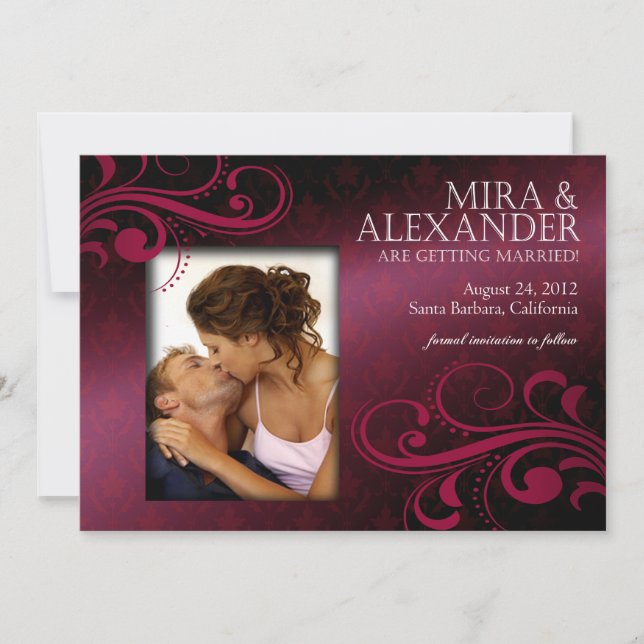 Convites Barbizon Damask Scroll - fúcsia|magenta Casamento (Frente)