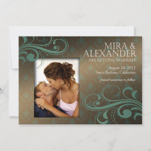 Convites Barbizon Damask Scroll - marrom verde-água Casamen