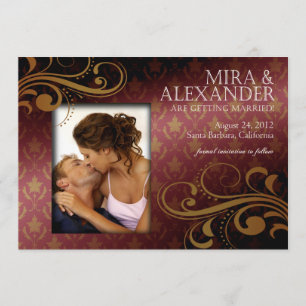 Convites Barbizon Damask Scroll - rosa escuro ouro Casament