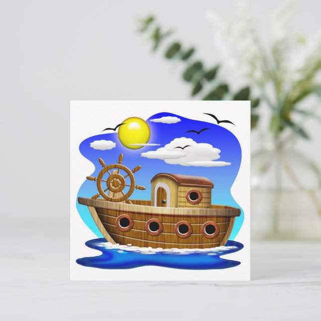 Convites Barco de Pesca Cartoon  (Em pé/Frente)
