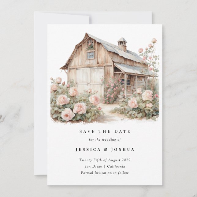 Convites Barn Salve a Data, Farmhouse Floral Russo (Frente)
