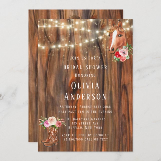 Convites Barn Wood Lights Boots Horus Chá de panela (Frente/Verso)