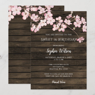Convites Barn Wood Sakura Pink Cherry Blossoms doce 16