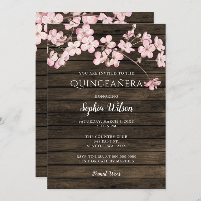 Convites Barn Wood Sakura Pink Cherry Blossoms Quinceañera (Frente/Verso)