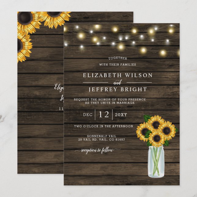 Convites Barn Wood String Luzes Sunflower Casamento (Frente/Verso)