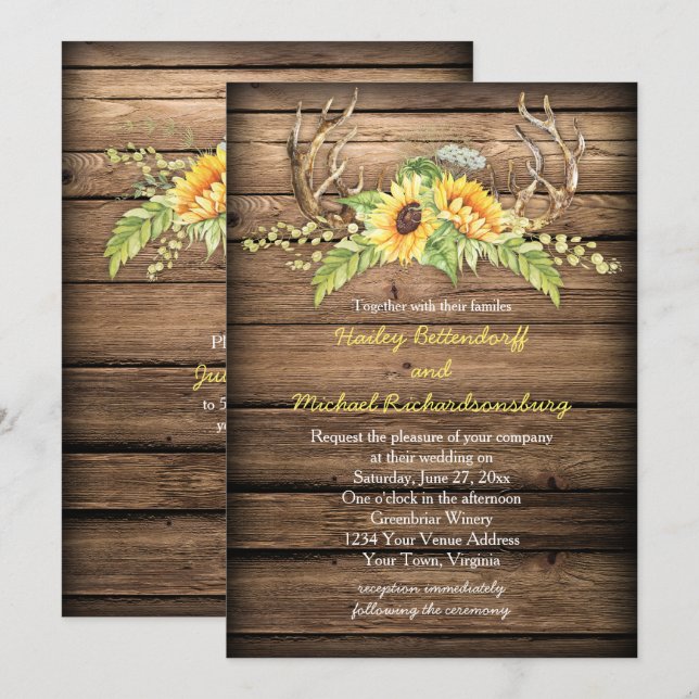 Convites Barn Wood Sunflower Antlers com RSVP Wedding (Frente/Verso)