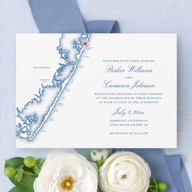 Convites Barnegat Light NJ Map Elegant Navy Blue Wedding (Barnegat Light NJ Map Long Beach Island Wedding Invitation in elegant navy blue, Coastal Map Designs)