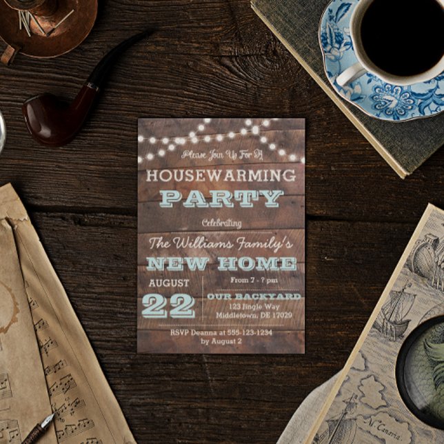 Convites Barnwood Lights Aqua Home Invitation (Criador carregado)