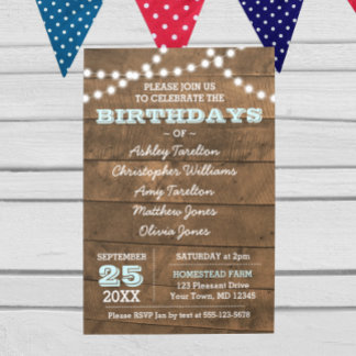 Convites Barnwood Lights Aqua Multiple Birthdays Invent