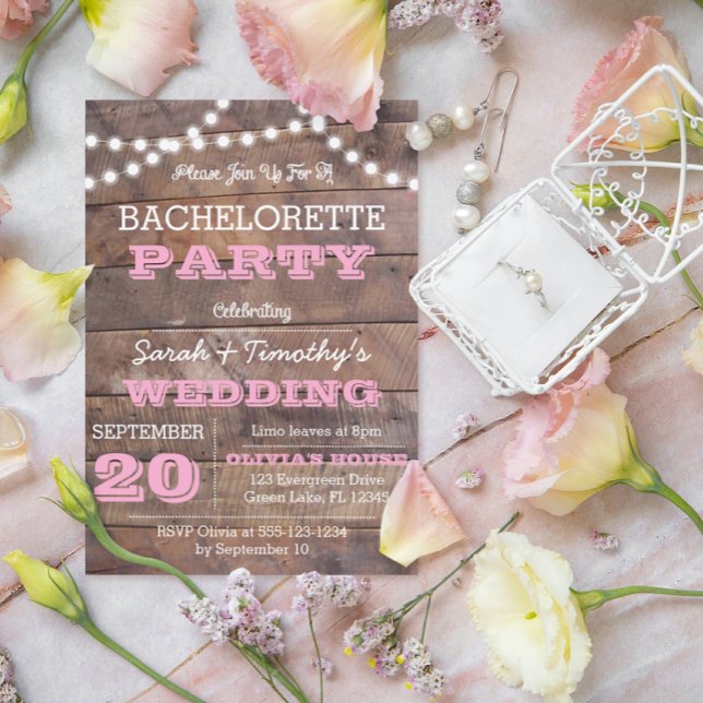 Convites Barnwood Lights Pink Bachelorette Invent (Criador carregado)
