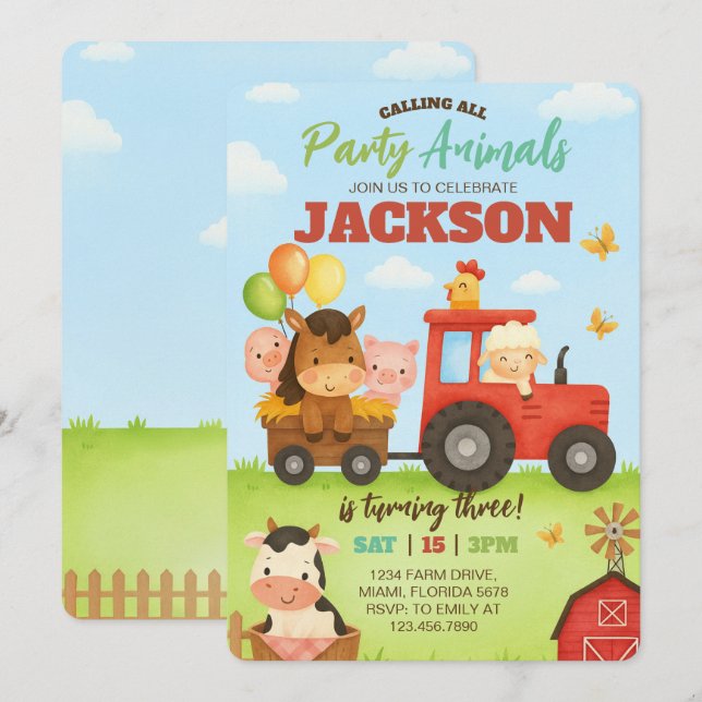 Convites Barnyard Animals Ranch Kids Birthday (Frente/Verso)