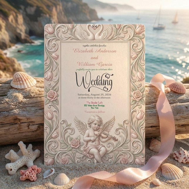 Convites Baroque Swan & Cherub Wedding Invitation. (Criador carregado)