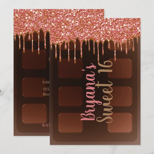 Convites Barra de Chocolate com Brilho Rosa Doce 16 Anos (Frente/Verso)