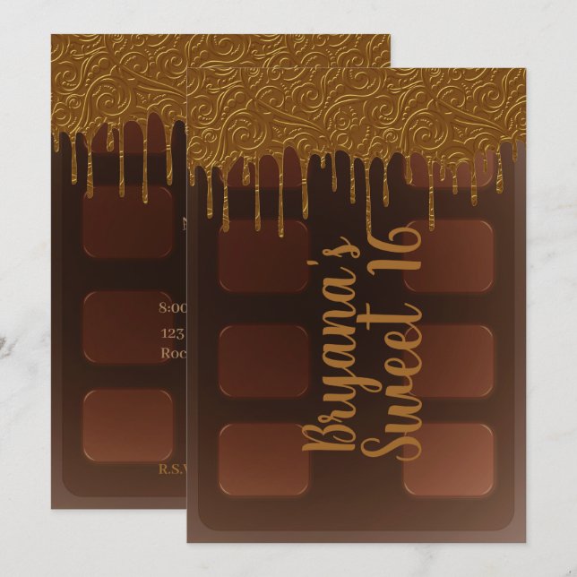 Convites Barra de Chocolate Gold Drip Doce Festa de 16 Anos (Frente/Verso)