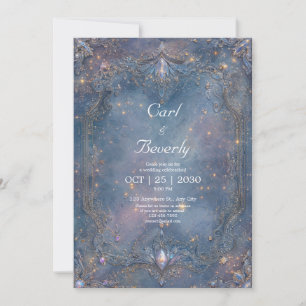 Convites Barroco Azul Celeste Dourado Joia de Casamento