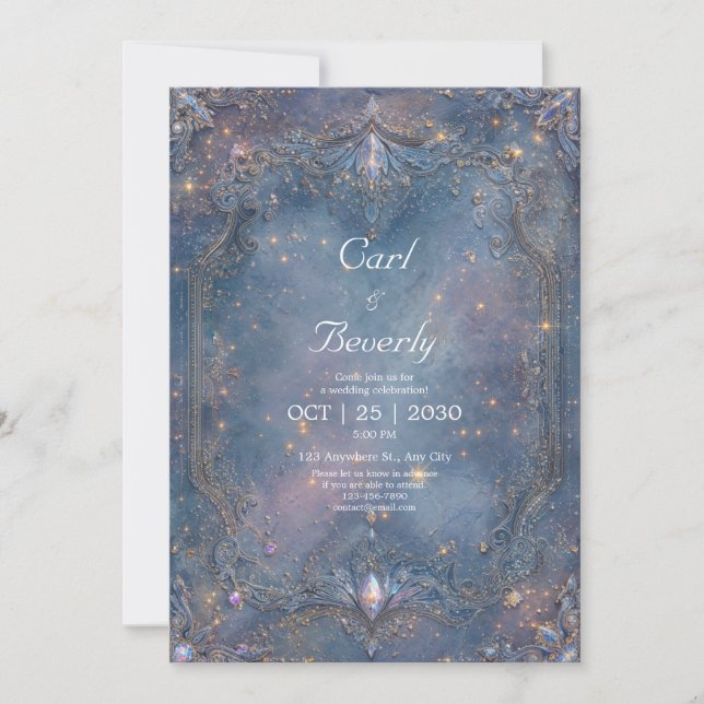 Convites Barroco Azul Celeste Dourado Joia de Casamento (Frente)
