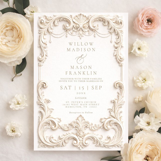 Convites Barroco Elegante Casamento Marfim (Baroque Elegant Ivory Wedding Invitation)