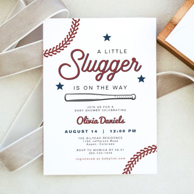 Convites BARRY Chá de fraldas de baseball com pequeno trenó (A little slugger is on the way baseball baby shower invitation)