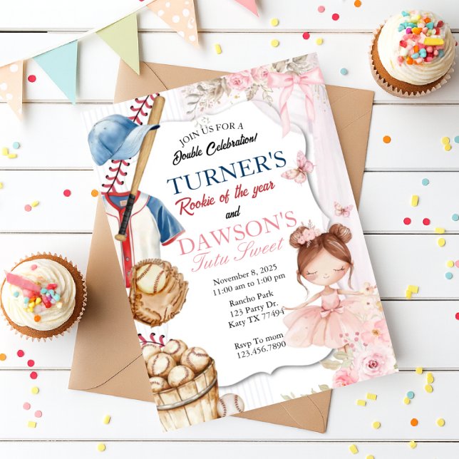 Convites Baseball & Ballerina Birthday Invitation | Rookie  (Criador carregado)