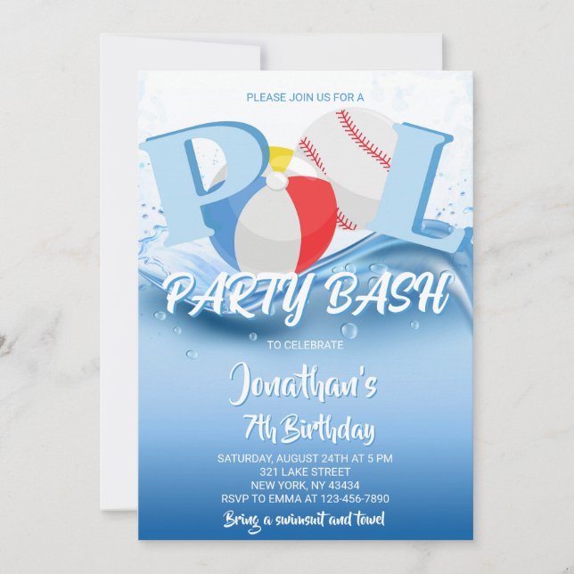 Convites Baseball Beach Ball Pool Party Bash Birthday (Frente)