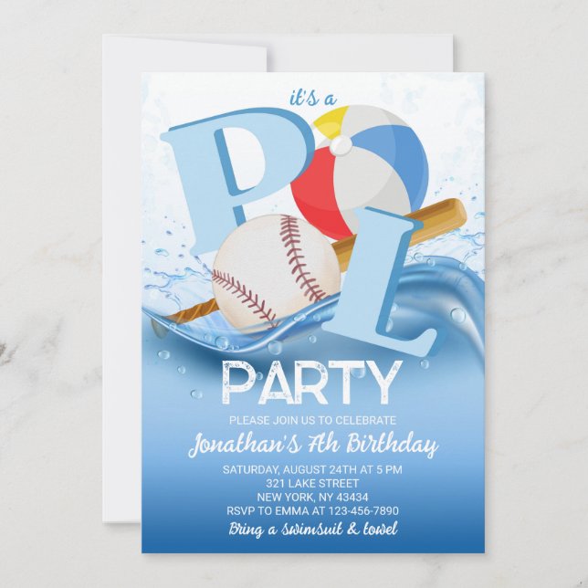 Convites Baseball Beach Ball Pool Party Birthday (Frente)