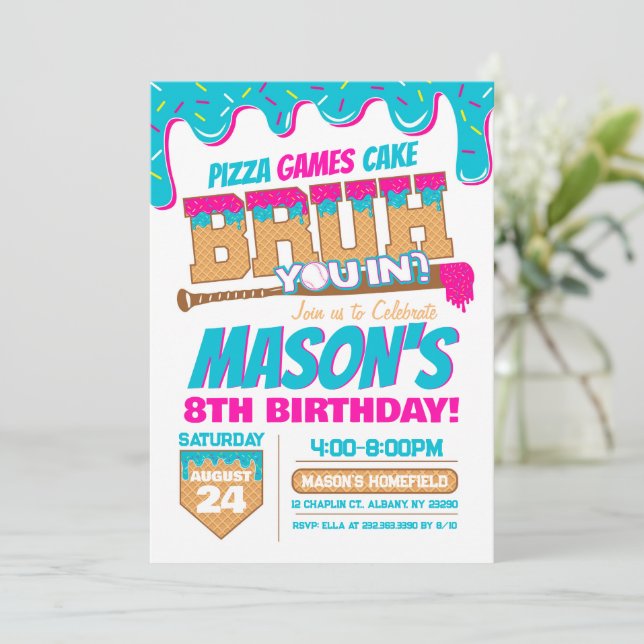 Convites Baseball Birthday Invitation Drip Bruh Theme (Em pé/Frente)