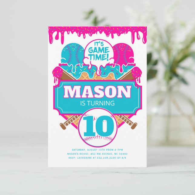 Convites Baseball Birthday Invitation Drip Theme (Em pé/Frente)
