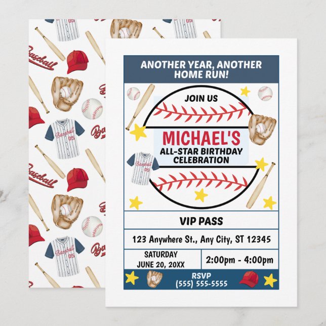 Convites Baseball Birthday Party Invitation (Frente/Verso)
