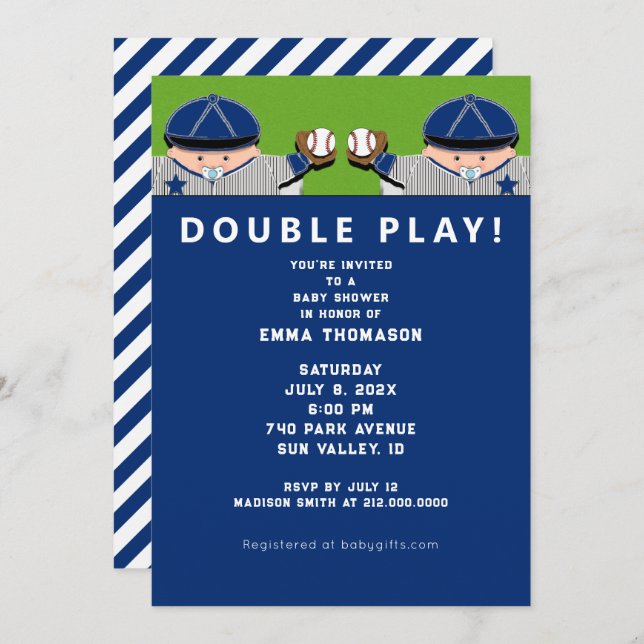 Convites Baseball em chás de fraldas gêmeos (Frente/Verso)