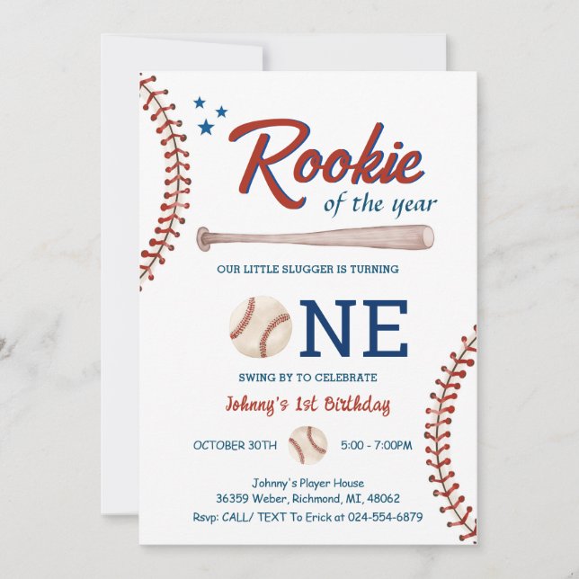 Convites Baseball First Birthday Rookie, foto do ano (Frente)