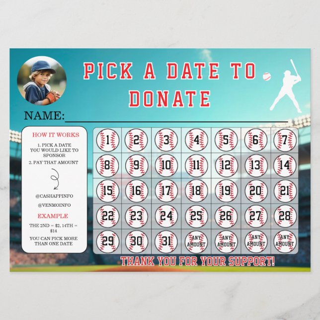 Convites Baseball Fundraiser Calendar Template (Frente)