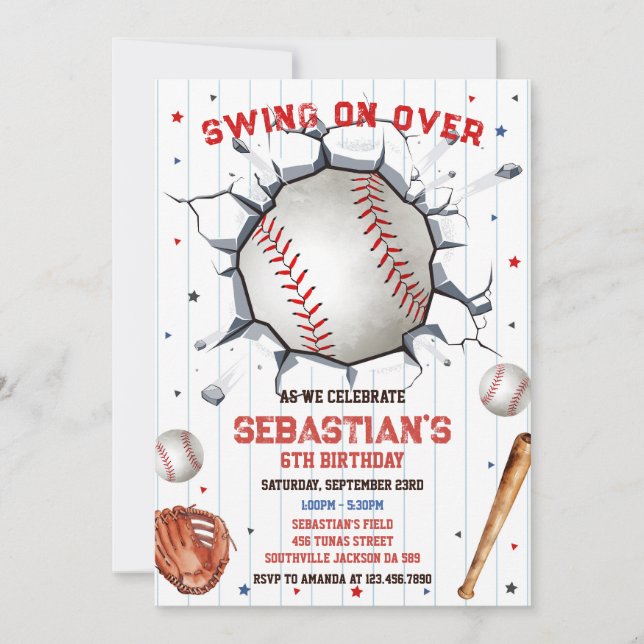 Convites Baseball Swing On Over Boy Birthday Invitation (Frente)