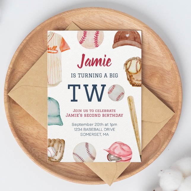 Convites Baseball Virando segundo aniversário de Dois Menin (Turning two Invitation on wooden plate and envelope.)