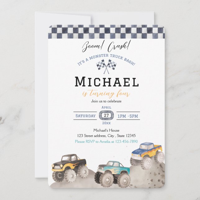 Convites Bash de Caminhão Monstro Boom Crash (Frente)