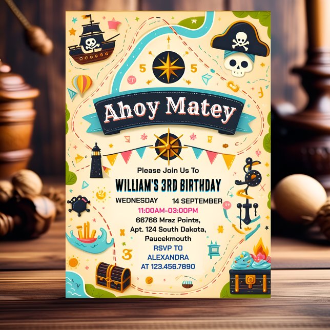 Convites Bash Ship Kids Legal Flag Boat Pirate 4º aniversár (Criador carregado)